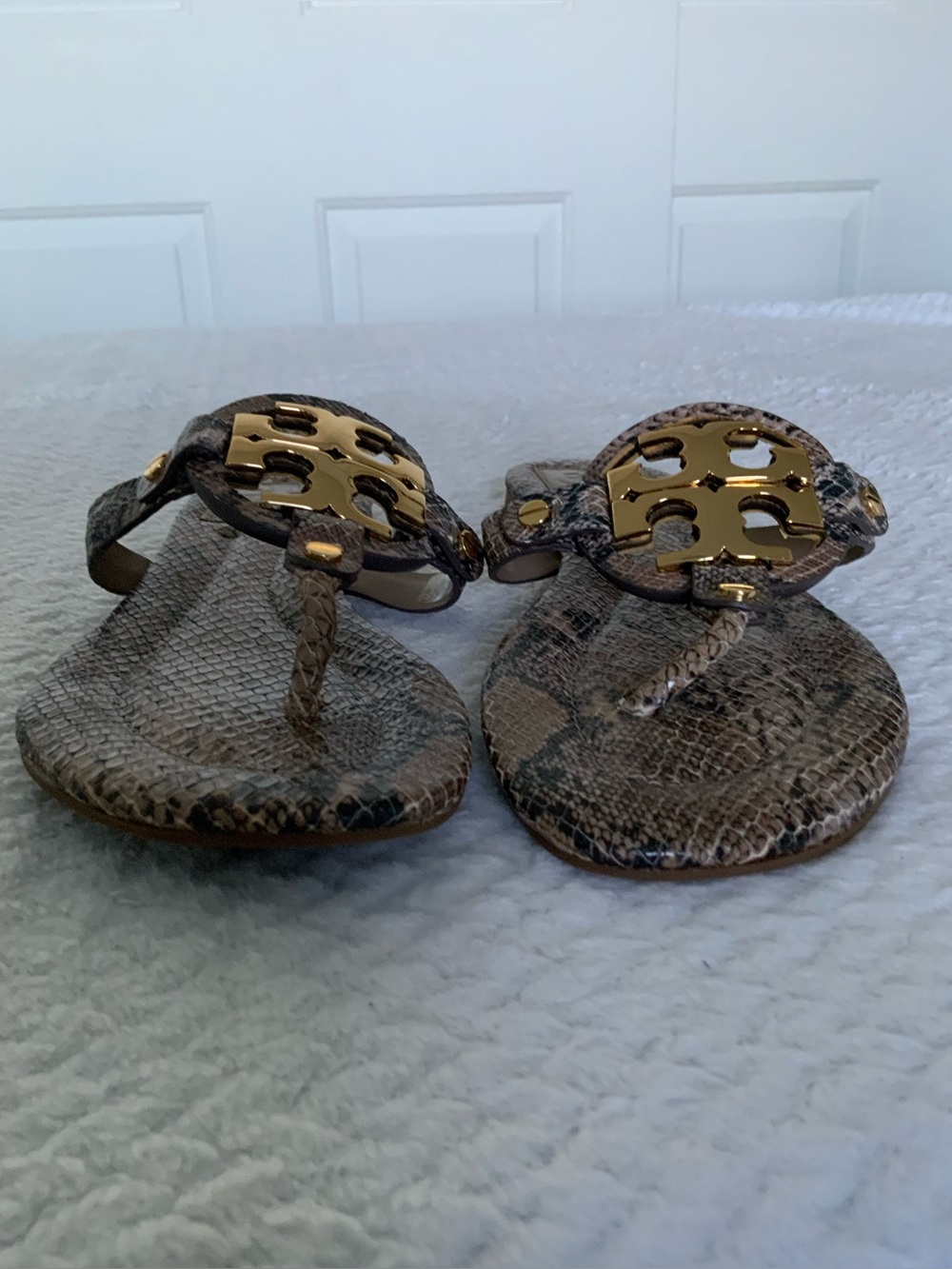 Tory Burch Miller Snake Embossed Leather Sandals - Picture 2 of 12